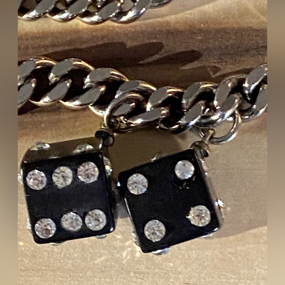 SUPER RARE VTG Bakelite/Glass Rhinestone Dice/Stainless Cuban Chain 7” - Picture 5 of 7